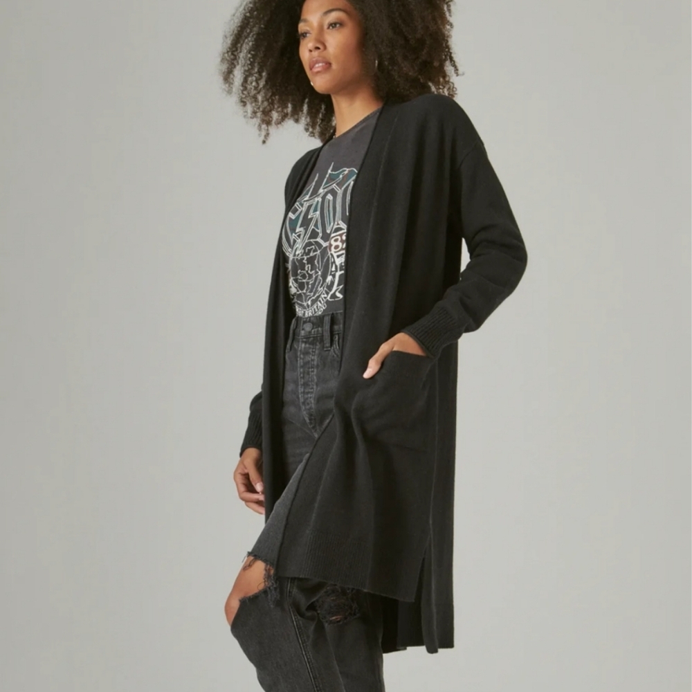 Lucky Brand Cotton Cashmere Long Line Cardigan Size Large Black